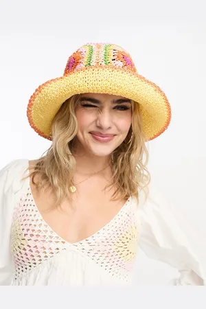 ASOS Womens straw crochet bucket hat with floral design-Multi - - One Size