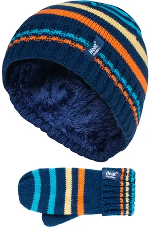Heat Holders Kids Boys Winter Knitted Thermal Fleece Lined Cuffed Beanie Hat and Mittens Set - NSM1P5 - - Size 4-6Y