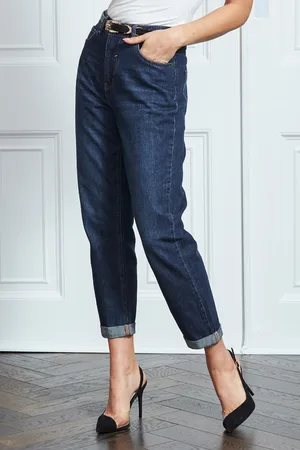 Sosandar Womens Dark Indigo Girlfriend Jeans - Cotton - Size 10 Short