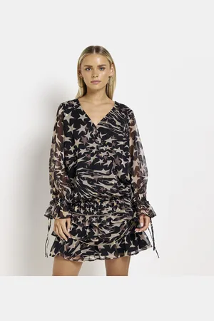 River Island Womens Mini Dress Petite Chiffon Star Belted - Size 8 UK