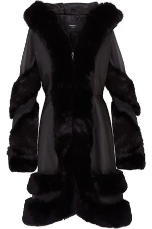 Infinity Womens Flared Hooded Cape Coat With Fur - Mandal Lamb Leather - Size 2XL
