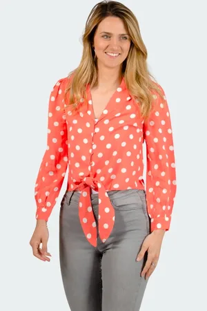 Oasis Womens Coral Polka Dot Tie Front Blouse - Viscose - Size 16 UK