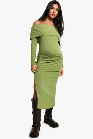 Boohoo Womens Maternity Wide Soft Rib Deep Bardot Long Sleeve Side Split Midaxi Dress - - Size 16 UK