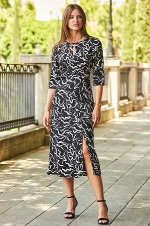 Sosandar Womens & White Abstract Print Midi Dress With Keyhole Detail - Size 12 UK
