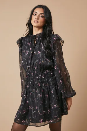 Oasis Womens Floral Metallic Chiffon Shirred Mini Dress - - Size 8 UK