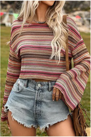 Azura Exchange Womens Red Ethnic Striped Wide Cropped Long Sleeve Top - Size Medium