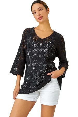 Roman Womens Cotton Crochet Tunic Top - - Size 12 UK