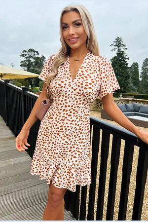 Ax Paris Womens And Brown Printed Short Sleeve V Neck Mini Dress - Size 8 UK