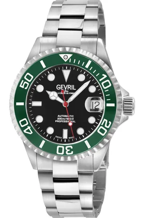 Gevril Mens Wall Street Black Enamel Dial, Ceramic Green Bezel, 316L Stainless Steel Bracelet Watch. - - One Size