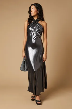 Oasis Womens Petite Occasion Metallic Twist Neck Midaxi Dress - - Size 16 UK