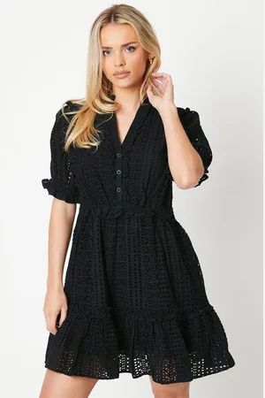 Oasis Womens Petite Broderie Frill Detail Button Down Mini Dress - Cotton - Size 10 UK