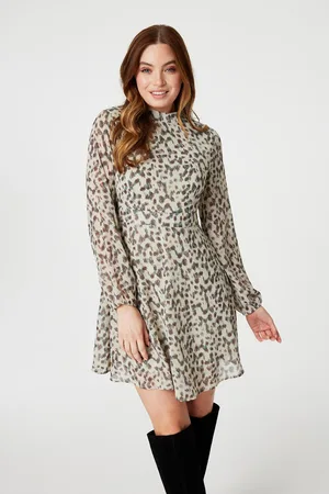 Izabel London Womens Animal Print High Neck Mini Dress - Size 14 UK