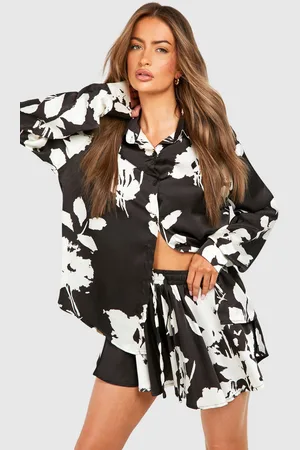 Boohoo Womens Large Mono Floral Relaxed Fit Shirt & Flared Shorts - - Size 8 UK