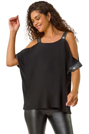 Roman Womens Shimmer Cold Shoulder Stretch Jersey Top - - Size 12 UK