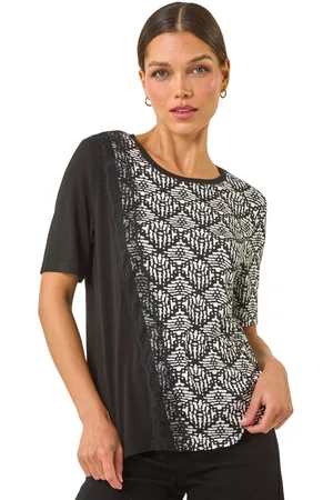 Roman Womens Contrast Print Lace Trim Top - - Size 12 UK