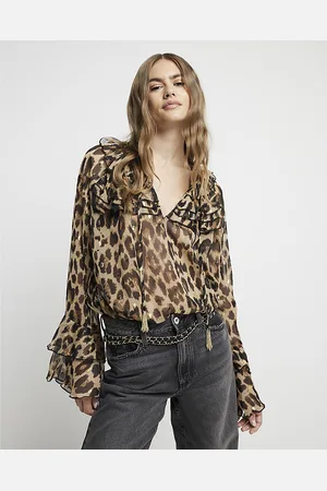 River Island Womens Blouse Leopard Print Frill - Size 8 UK