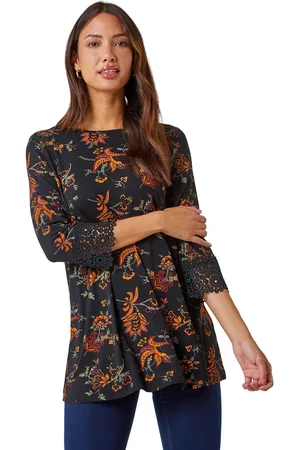 Roman Womens Paisley Print Lace Trim Stretch Top - - Size 16 UK