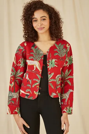 Yumi Womens Animal Print Reversible Cotton Cropped Quilted Jacket - Size 10 UK