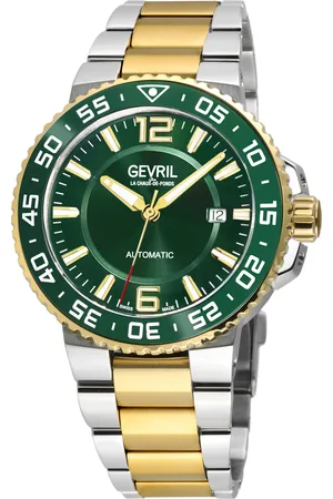 Gevril Mens RiverSide Swiss Automatic Watch, IPYG Bezel, Green Ceramic Ring, Glossy Dial, Two toned SS/IPYG Stainelss Steel Bracelet - - One Size