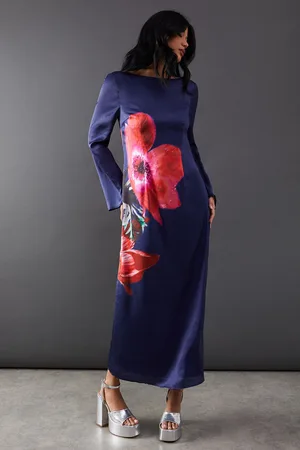warehouse Womens Floral Placement Print Satin Midi Dress - - Size 8 UK