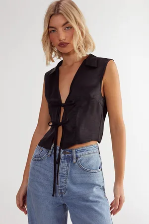 NASTY GAL Womens Textured Satin Tie Front Collared Top - - Size 6 UK