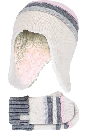 Heat Holders Girls Winter Warm Pom Pom Bobble Beanie Hat and Mittens Set - Buttercream - - Size 4-6Y
