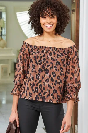 Sosandar Womens Chocolate Animal Print Sheer Sleeve Bardot Jersey Top - - Size 8 UK