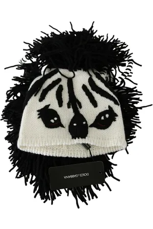 Dolce & Gabbana WoMens Black White Knitted Cashmere Animal Design Hat - One Size