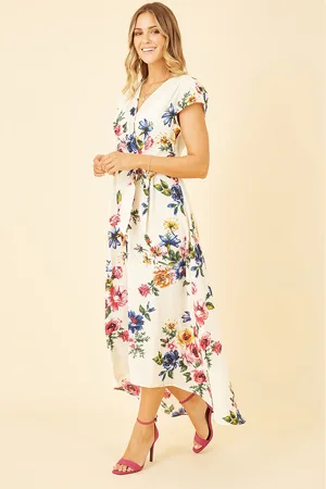 Mela Womens Floral Wrap Dip Hem Dress - Size 10 UK