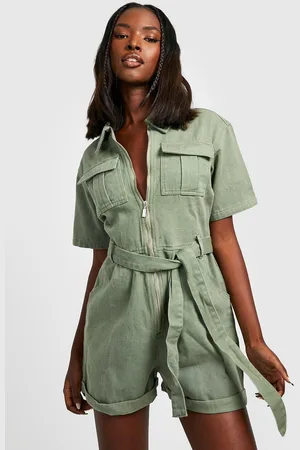 Boohoo Womens Belted Cargo Denim Playsuit - Cotton - Size 16 UK