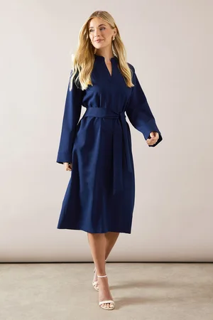 wallis Womens Petite Collared Long Sleeve Tie Waist Midi Dress - - Size 12 UK