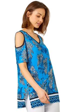 Roman Womens Paisley Border Print Cold Shoulder Top - Viscose - Size 12 UK