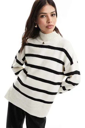 ASOS Womens longline jumper with high neck in and black stripe-Multi - Size Small