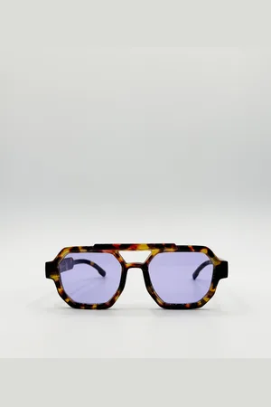 SVNX Mens Angular Navigator style sunglasses in leopard print with Purple Lenses - - One Size