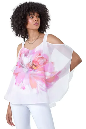 Roman Womens Floral Print Cold Shoulder Overlay Top - - Size 10 UK