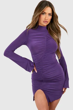 Boohoo Womens Slinky Ruched Long Sleeve Bodycon Dress - - Size 14 UK