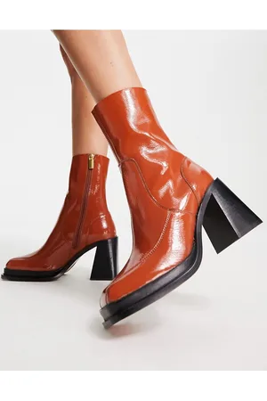 ASOS Womens Restore leather mid-heel boots in patent-Brown - Size UK 2