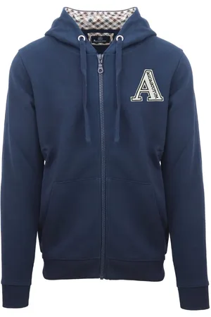 Aquascutum Mens Classic Large A Logo Navy Zip-Up Hoodie Cotton - Size Medium