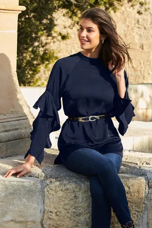 Sosandar Womens Navy Ruffle Sleeve Relaxed Fit Top - Size 6 UK