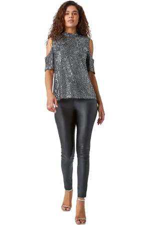 Roman Womens Sequin Cold Shoulder Stretch Top - Faux Leather - Size 20 UK