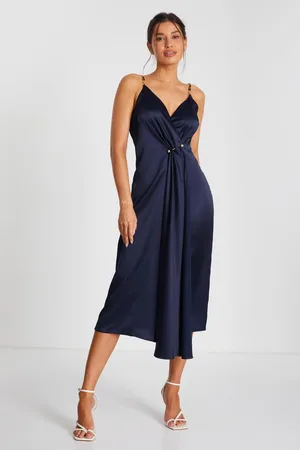 Quiz Womens Navy Satin Buckle Front Midi Dress - - Size 10 UK