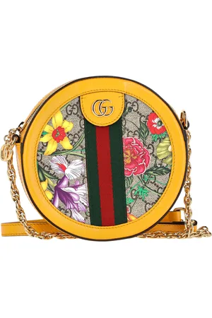 Gucci Pre-owned Womens Ophidia Round Mini Crossbody Bag in Yellow Leather and Floral Print Canvas - - One Size