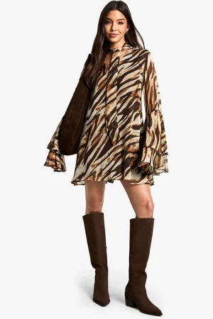 Boohoo Womens Zebra Flare Sleeve Chiffon Smock Dress - - Size 10 UK