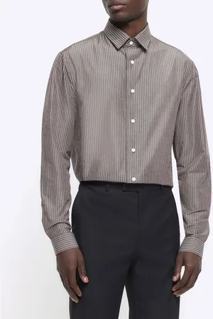 River Island Mens Shirt Grey Regular Fit Stripe Long Sleeve - Cotton - Size Small