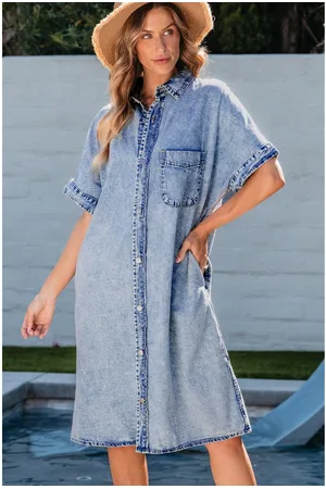 Azura Exchange Womens Loose Medium Wash Short Sleeve Shirt Chambray Dress Cotton - Size Large