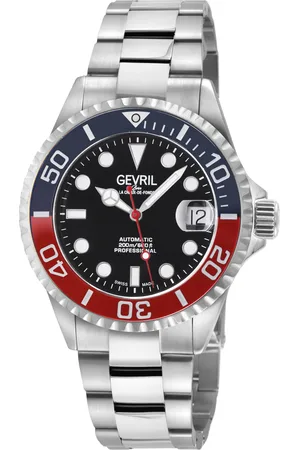 Gevril Mens Wall Street Black Enamel Dial, Ceramic Blue/Red Bezel, 316L Stainless Steel Bracelet Watch. - - One Size