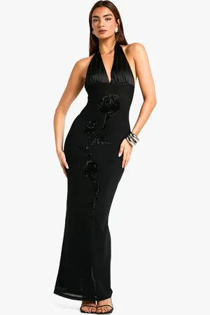 Boohoo Womens Floral Hand Embellished Halterneck Mesh Maxi Dress - Nylon - Size 16 UK