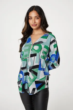 Izabel London Womens Letter Print Zip Front Top - Size 8 UK