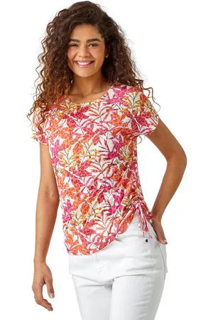 Roman Womens Leaf Print Side Tie Stretch Top - - Size 20 UK