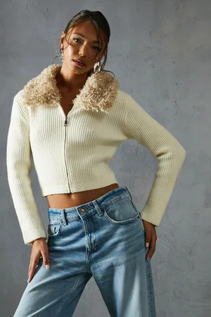 MissPap Womens Knitted Rib Teddy Fur Collar Long Sleeve Zip Up Jumper - - Size Small/Medium